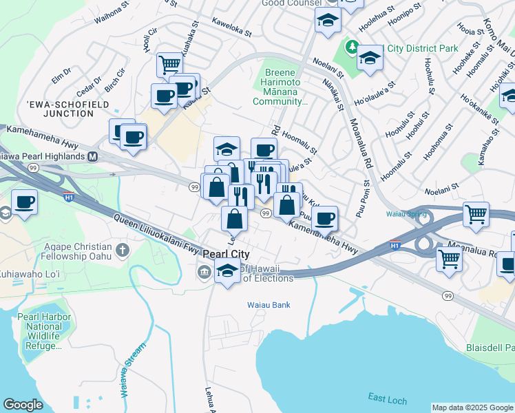 map of restaurants, bars, coffee shops, grocery stores, and more near 1065 Waimano Home Road in Pearl City
