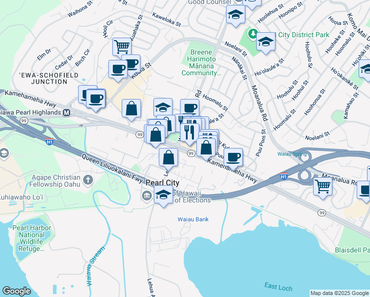 map of restaurants, bars, coffee shops, grocery stores, and more near 1065 Waimano Home Road in Pearl City