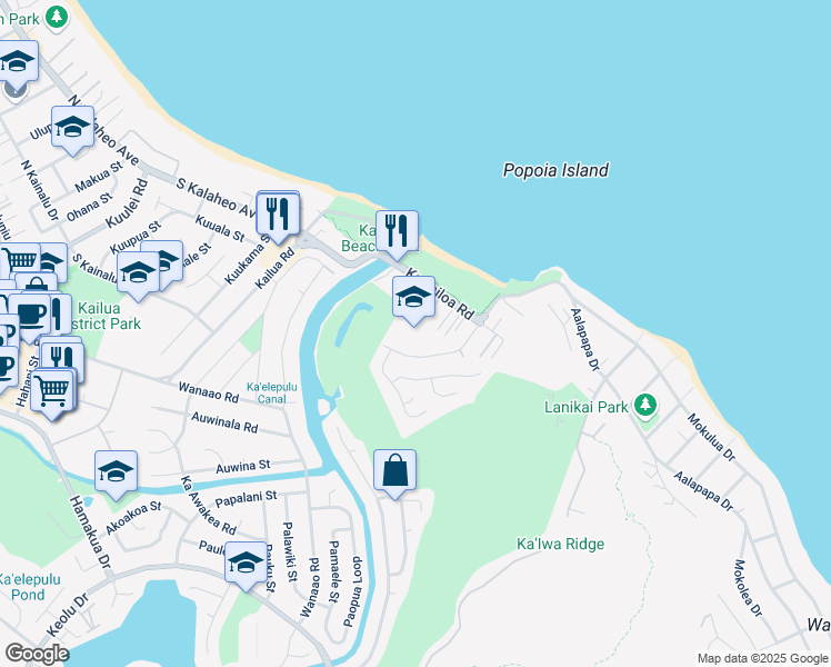 map of restaurants, bars, coffee shops, grocery stores, and more near 140 Alala Road in Kailua