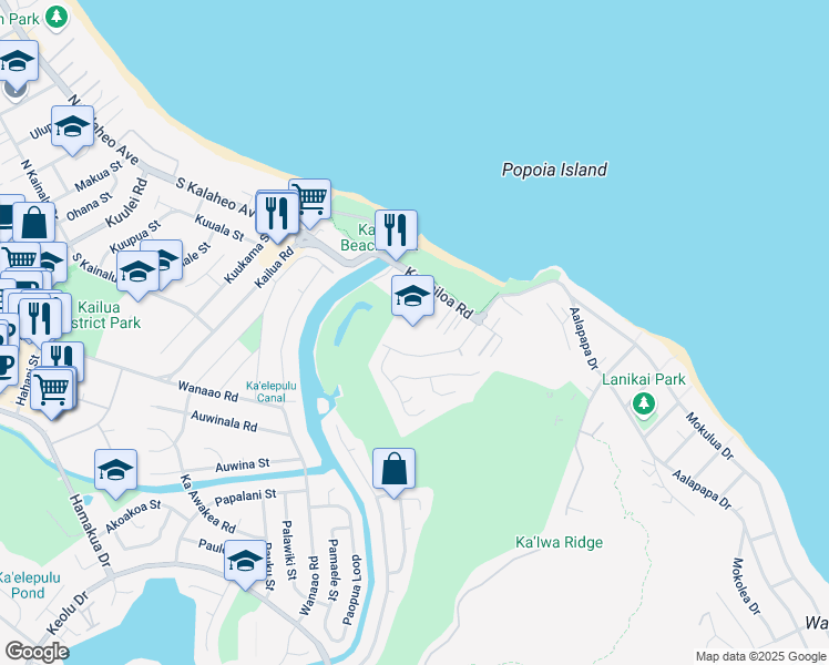 map of restaurants, bars, coffee shops, grocery stores, and more near 140 Alala Road in Kailua