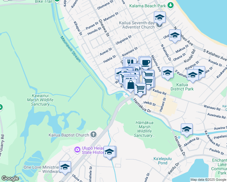 map of restaurants, bars, coffee shops, grocery stores, and more near 121 Kihapai Street in Kailua