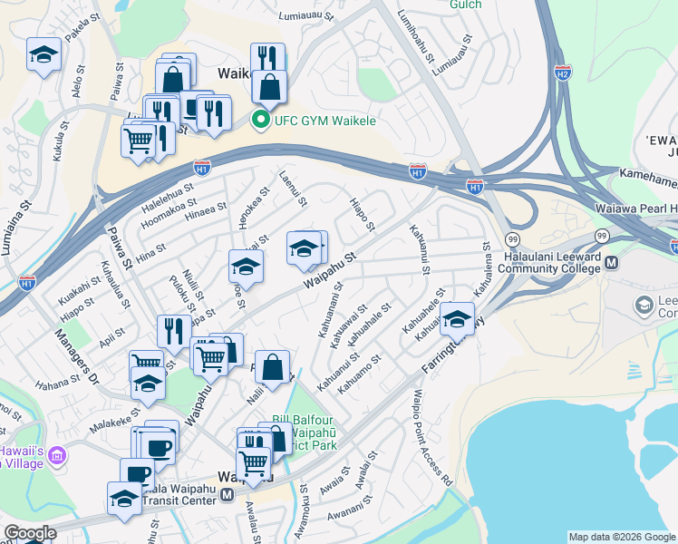 map of restaurants, bars, coffee shops, grocery stores, and more near 94-558 Hiaku Place in Waipahu