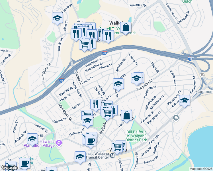 map of restaurants, bars, coffee shops, grocery stores, and more near 94-1134 Huakai Street in Waipahu