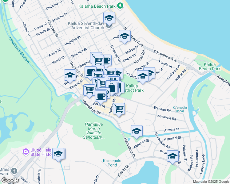 map of restaurants, bars, coffee shops, grocery stores, and more near 600 Kailua Road in Kailua