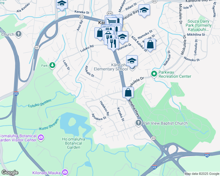 map of restaurants, bars, coffee shops, grocery stores, and more near 45-519 Mokulele Drive in Kaneohe