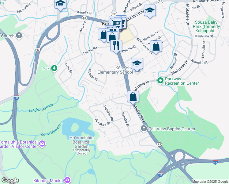 map of restaurants, bars, coffee shops, grocery stores, and more near 45-519 Mokulele Drive in Kaneohe