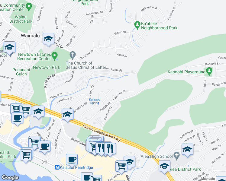 map of restaurants, bars, coffee shops, grocery stores, and more near 98-577 Puaalii Place in Aiea