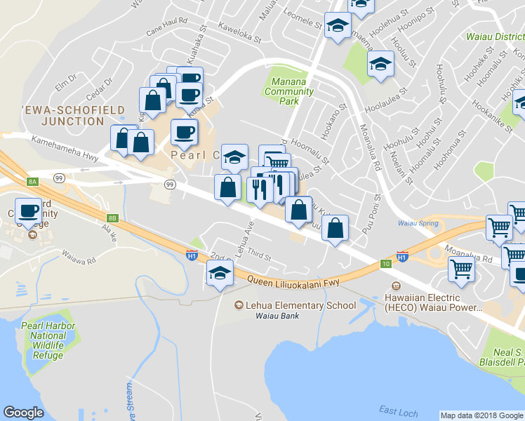 map of restaurants, bars, coffee shops, grocery stores, and more near 1065 Waimano Home Rd in Pearl City