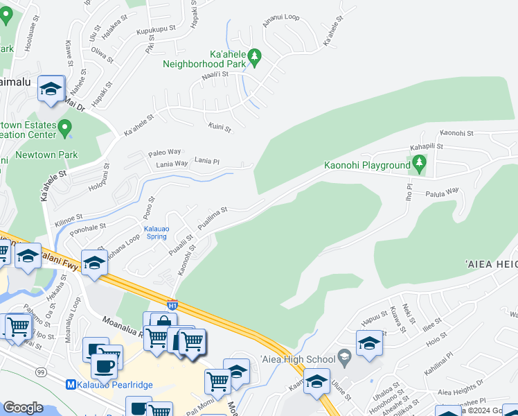 map of restaurants, bars, coffee shops, grocery stores, and more near 98-618 Kaonohi Street in Aiea