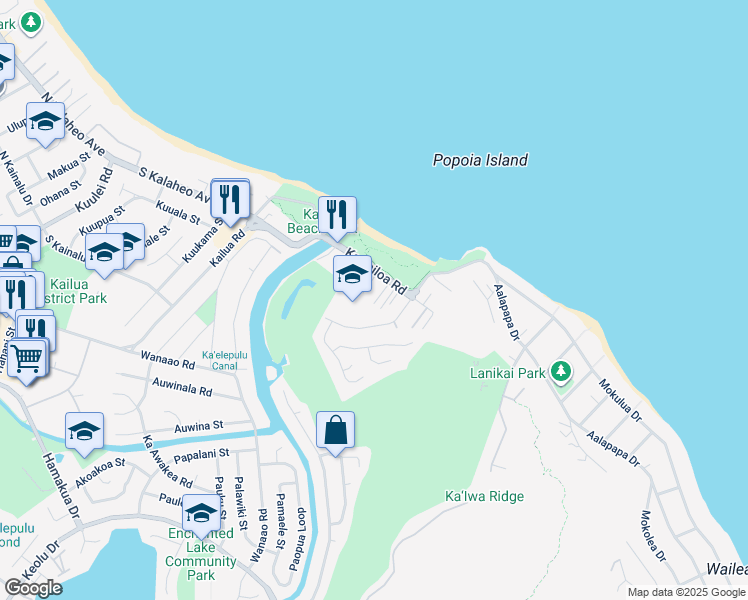 map of restaurants, bars, coffee shops, grocery stores, and more near 481A1A Kawailoa Road in Kailua