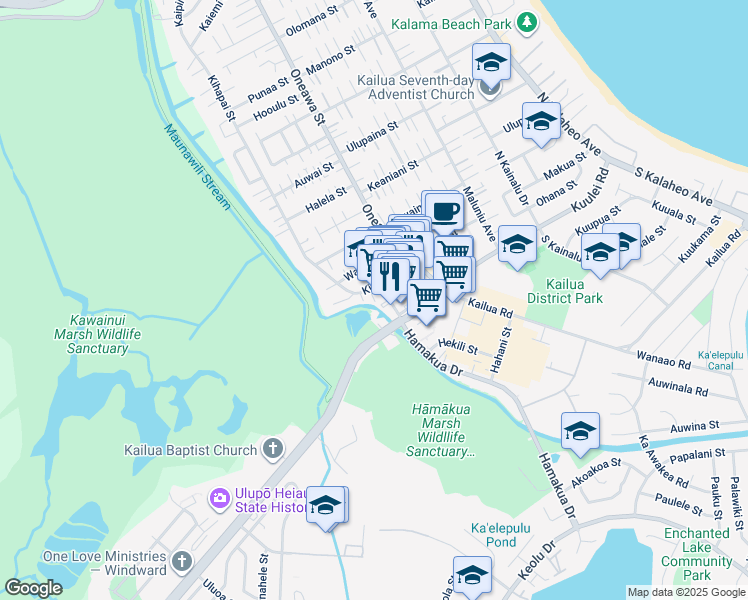 map of restaurants, bars, coffee shops, grocery stores, and more near 44C Kainehe Street in Kailua