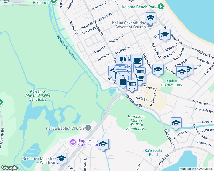 map of restaurants, bars, coffee shops, grocery stores, and more near 121 Kihapai Street in Kailua