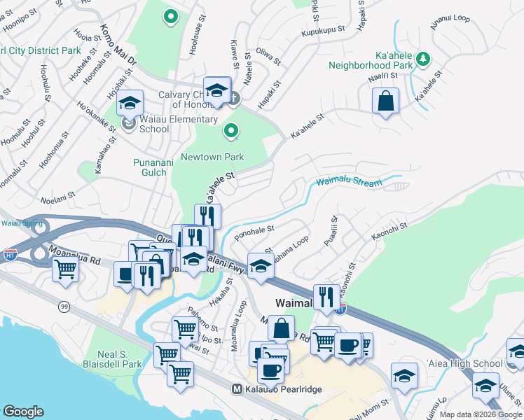 map of restaurants, bars, coffee shops, grocery stores, and more near 98-434 Kilinoe Street in Aiea