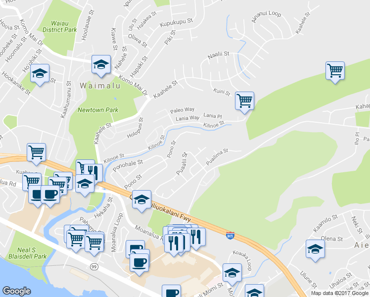 map of restaurants, bars, coffee shops, grocery stores, and more near 98-187 Puaalii Street in Aiea