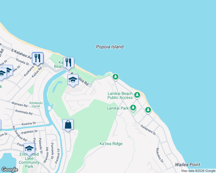 map of restaurants, bars, coffee shops, grocery stores, and more near 21 Aalapapa Place in Kailua