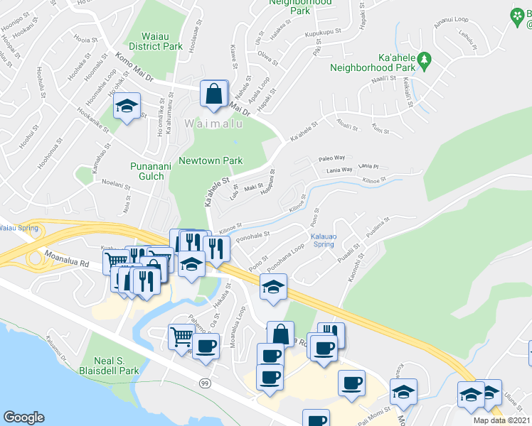 map of restaurants, bars, coffee shops, grocery stores, and more near 98-434 Kilinoe Street in Aiea