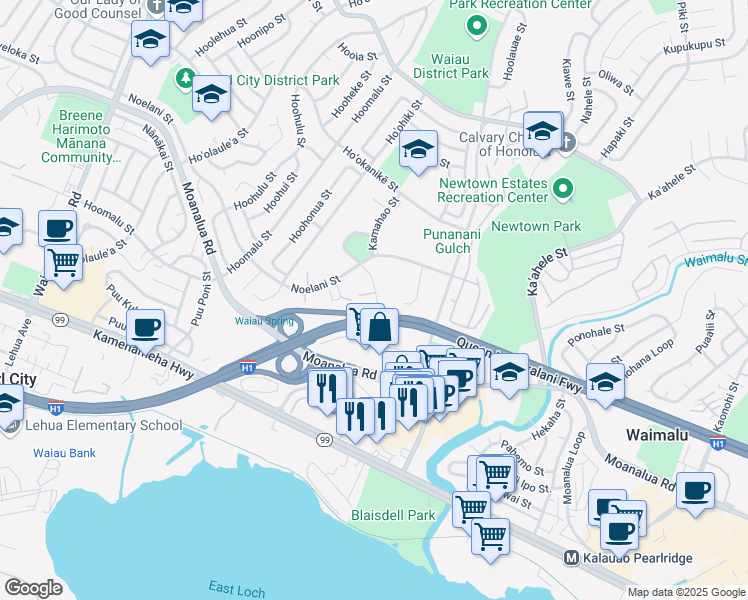 map of restaurants, bars, coffee shops, grocery stores, and more near 98-1370 Koaheahe Place in Pearl City