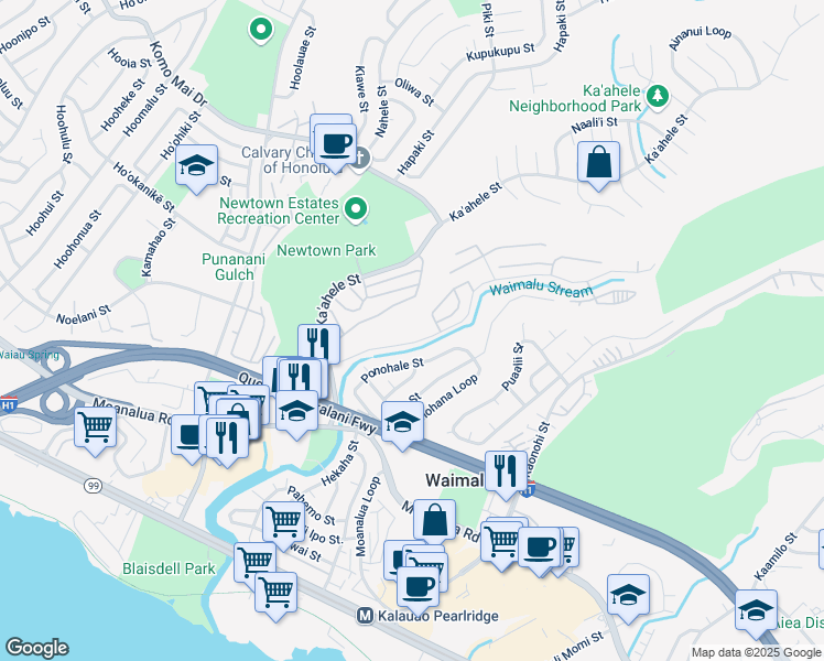 map of restaurants, bars, coffee shops, grocery stores, and more near 98-434 Kilinoe Street in Aiea