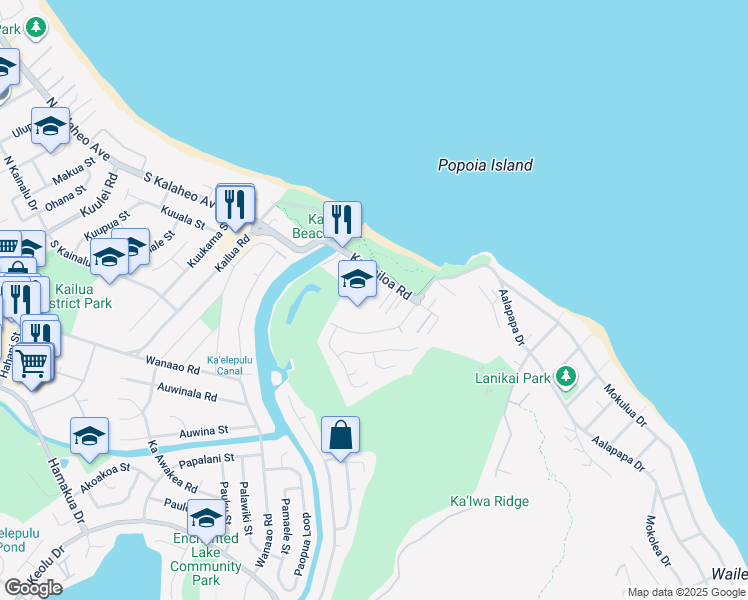 map of restaurants, bars, coffee shops, grocery stores, and more near 481A1A Kawailoa Road in Kailua