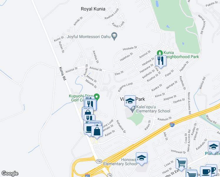 map of restaurants, bars, coffee shops, grocery stores, and more near 94-508 Kupuohi Street in Waipahu