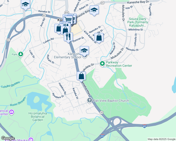 map of restaurants, bars, coffee shops, grocery stores, and more near 45-420 Konale Place in Kaneohe