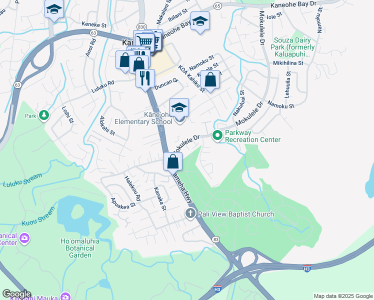 map of restaurants, bars, coffee shops, grocery stores, and more near 45-394 Konale Place in Kaneohe