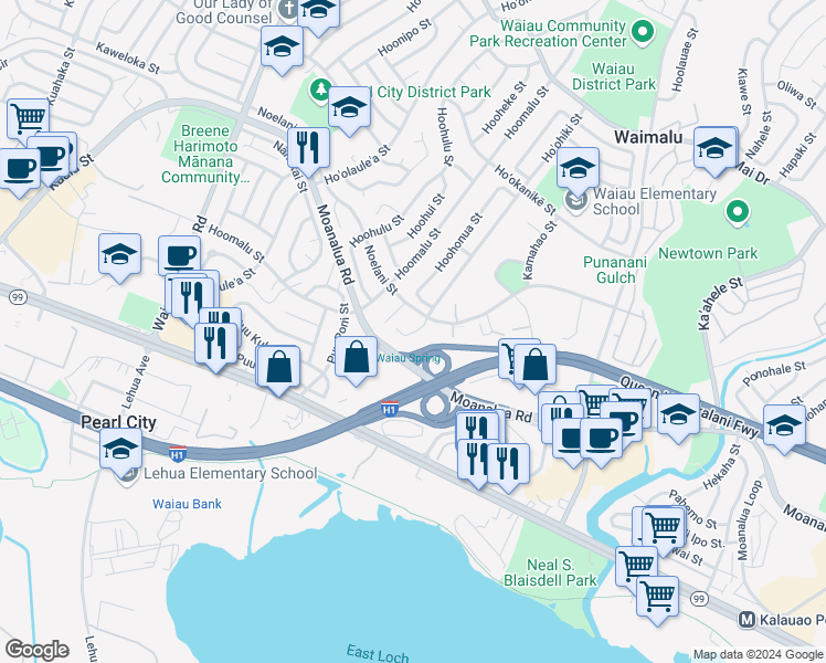 map of restaurants, bars, coffee shops, grocery stores, and more near 98-1271 Hoohiki Place in Pearl City