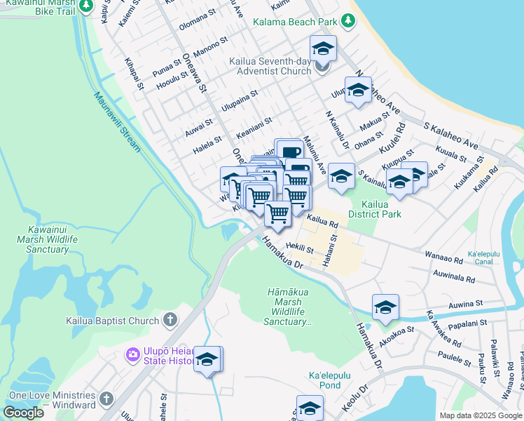 map of restaurants, bars, coffee shops, grocery stores, and more near 21 Hoolai Street in Kailua