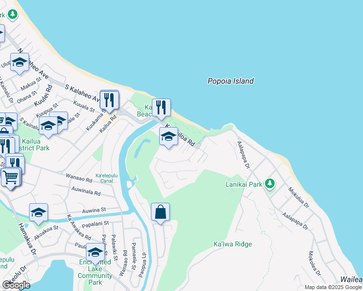 map of restaurants, bars, coffee shops, grocery stores, and more near 507 Kawailoa Road in Kailua