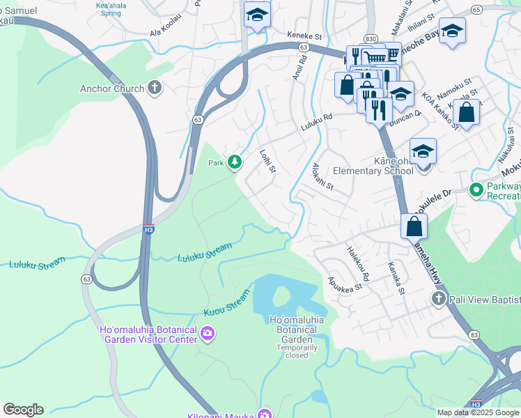 map of restaurants, bars, coffee shops, grocery stores, and more near 45-570 Liula Street in Kaneohe
