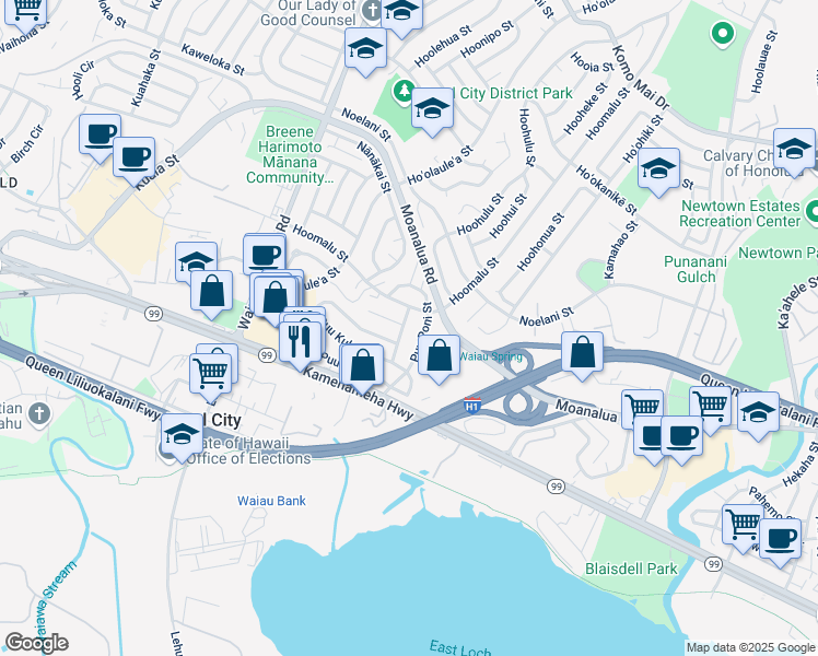 map of restaurants, bars, coffee shops, grocery stores, and more near 1155 Puu Ulaula Street in Pearl City