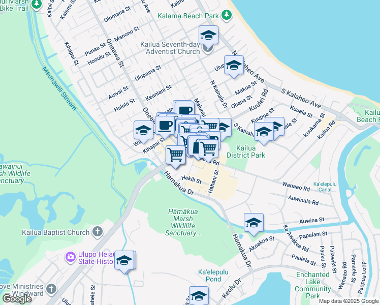 map of restaurants, bars, coffee shops, grocery stores, and more near in Kailua