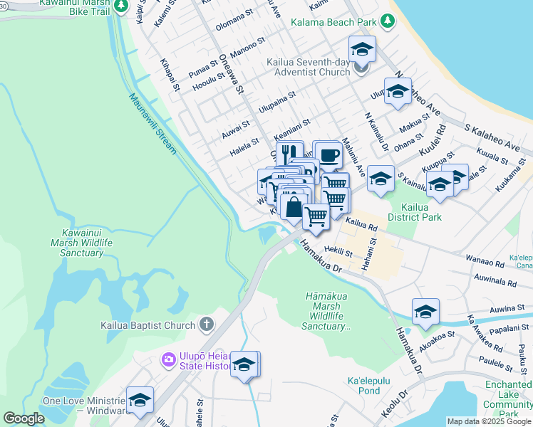 map of restaurants, bars, coffee shops, grocery stores, and more near 121 Kihapai Street in Kailua