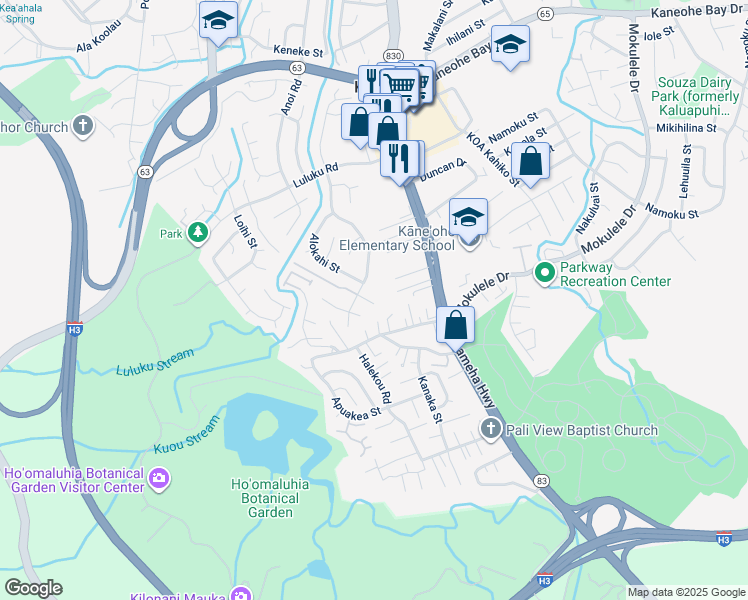 map of restaurants, bars, coffee shops, grocery stores, and more near 45-475 Koolau Hale Place in Kaneohe
