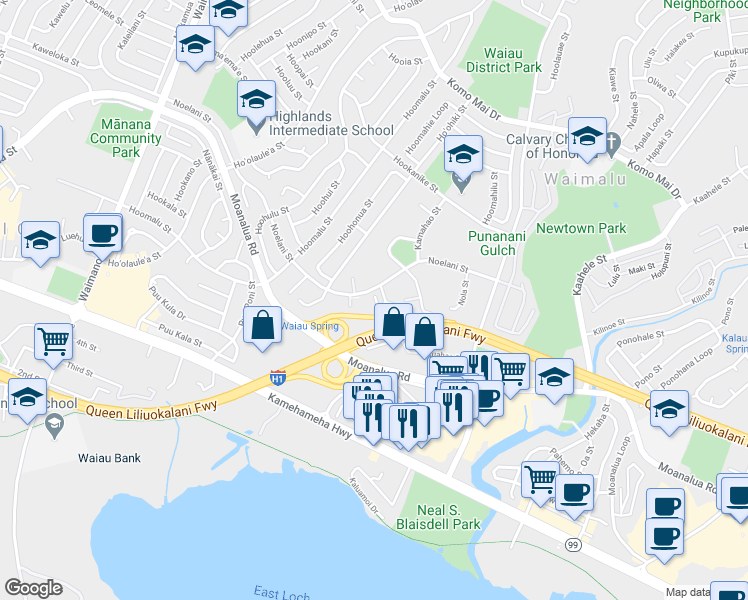 map of restaurants, bars, coffee shops, grocery stores, and more near 98-930 Noelani Street in Pearl City