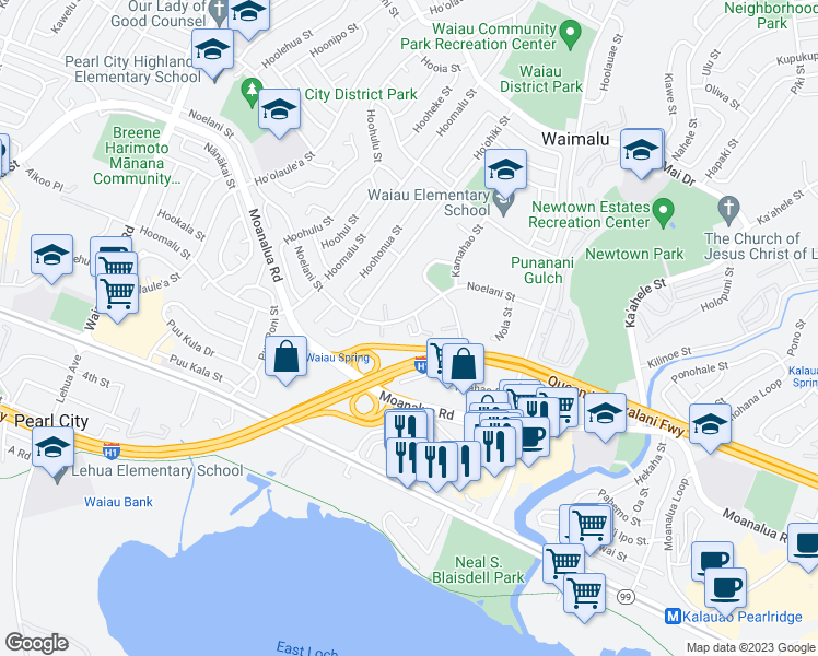 map of restaurants, bars, coffee shops, grocery stores, and more near 98-1387 Hinu Place in Pearl City