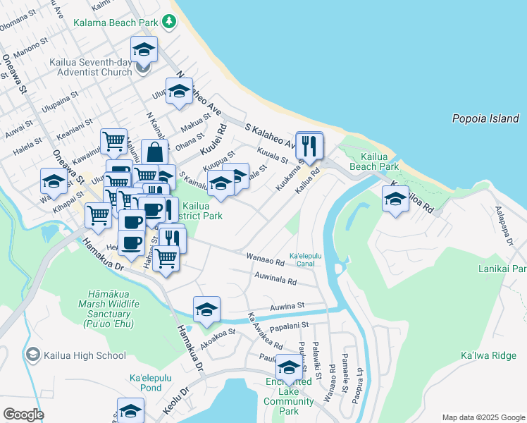 map of restaurants, bars, coffee shops, grocery stores, and more near 245 Kuukama Street in Kailua