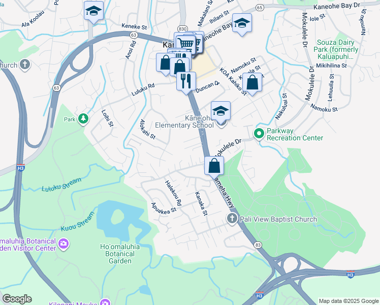 map of restaurants, bars, coffee shops, grocery stores, and more near 45-519 Mokulele Drive in Kaneohe