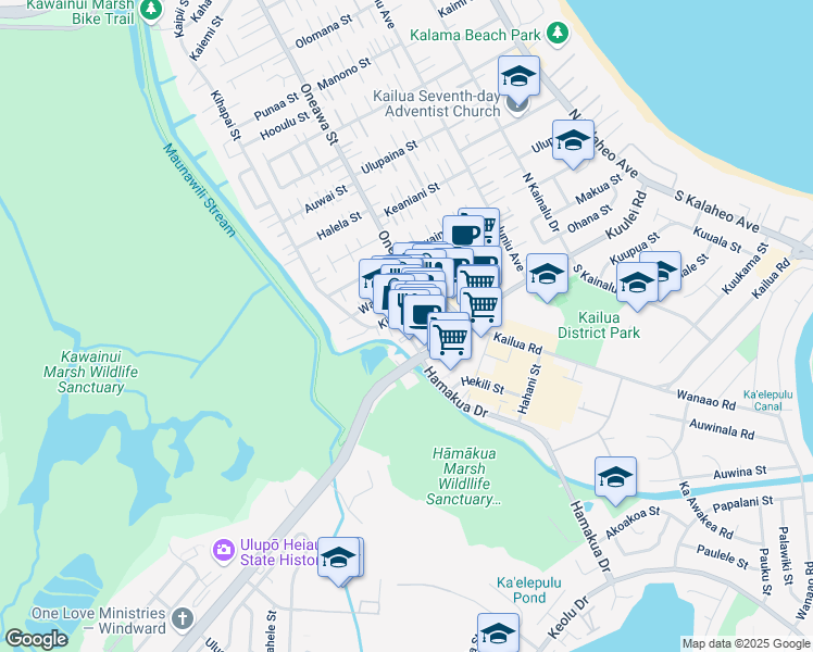 map of restaurants, bars, coffee shops, grocery stores, and more near 44C Kainehe Street in Kailua