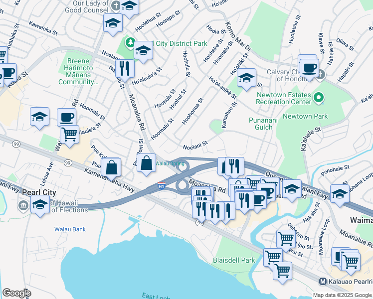 map of restaurants, bars, coffee shops, grocery stores, and more near 98-930 Noelani Street in Pearl City
