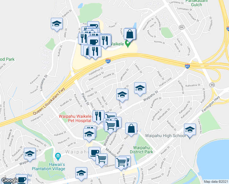map of restaurants, bars, coffee shops, grocery stores, and more near 94-1134 Huakai Street in Waipahu