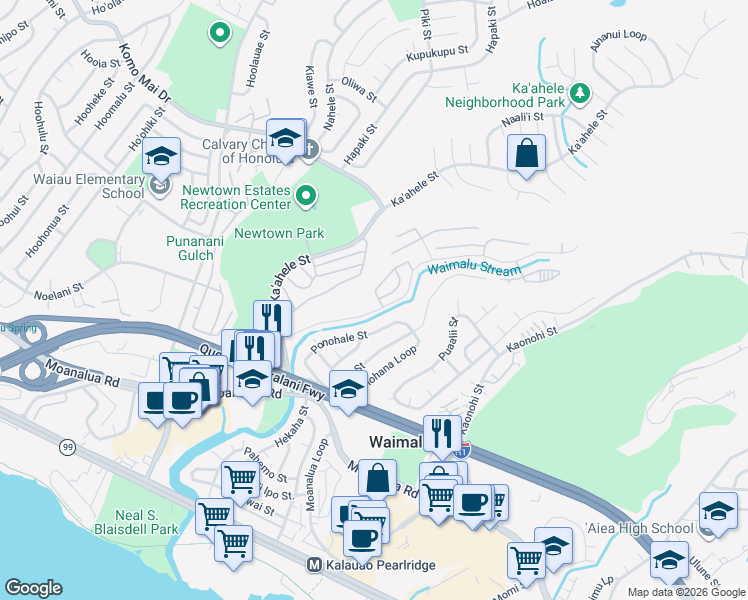 map of restaurants, bars, coffee shops, grocery stores, and more near 98-452 Kilinoe Street in Aiea