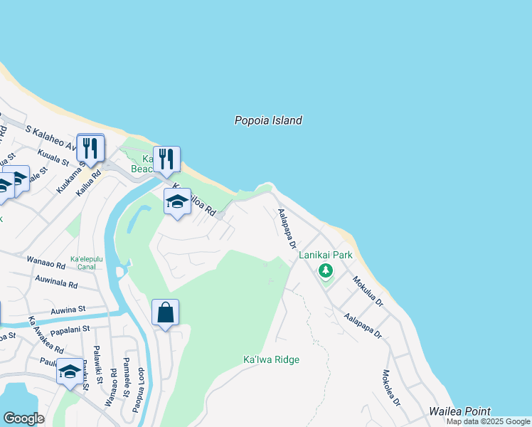 map of restaurants, bars, coffee shops, grocery stores, and more near 21 Aalapapa Place in Kailua