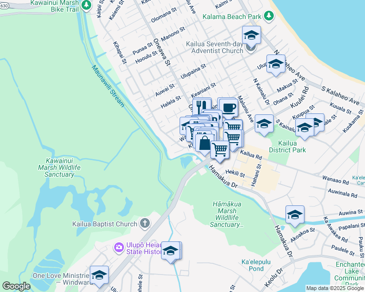 map of restaurants, bars, coffee shops, grocery stores, and more near 121 Kihapai Street in Kailua