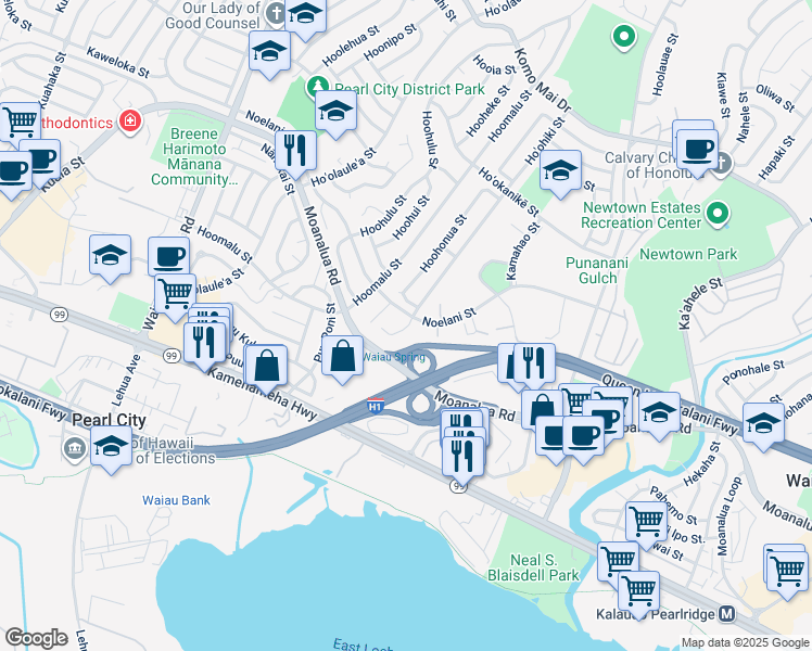 map of restaurants, bars, coffee shops, grocery stores, and more near 98-1272 Hoohiki Place in Pearl City