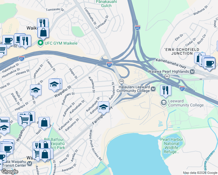 map of restaurants, bars, coffee shops, grocery stores, and more near 94-1539 Waipahu Street in Waipahu