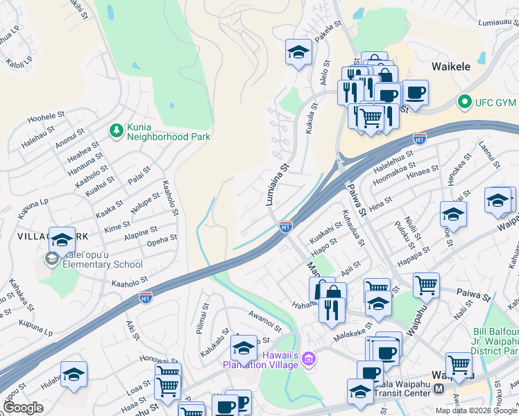 map of restaurants, bars, coffee shops, grocery stores, and more near 94-1039 Pumaia Place in Waipahu