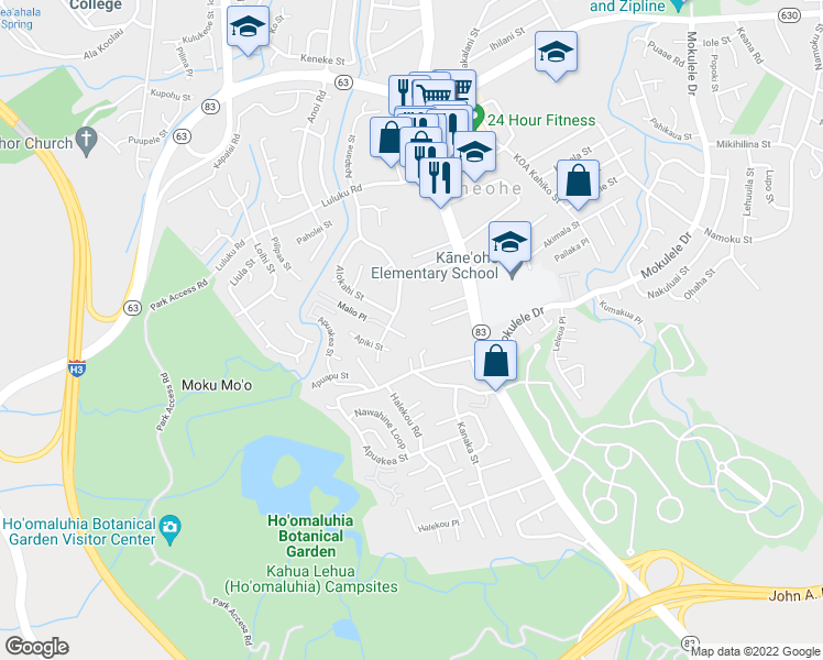 map of restaurants, bars, coffee shops, grocery stores, and more near 45-475 Koolau Hale Place in Kaneohe