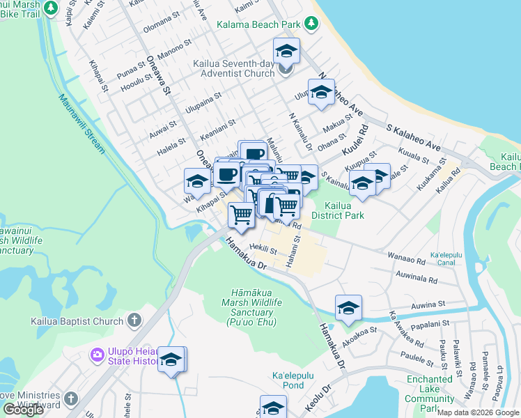 map of restaurants, bars, coffee shops, grocery stores, and more near in Kailua