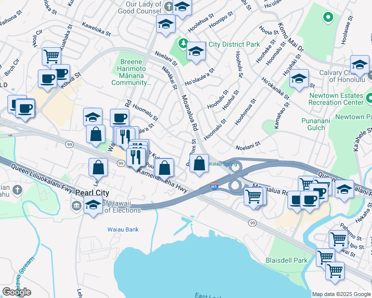 map of restaurants, bars, coffee shops, grocery stores, and more near 1155 Puu Ulaula Street in Pearl City